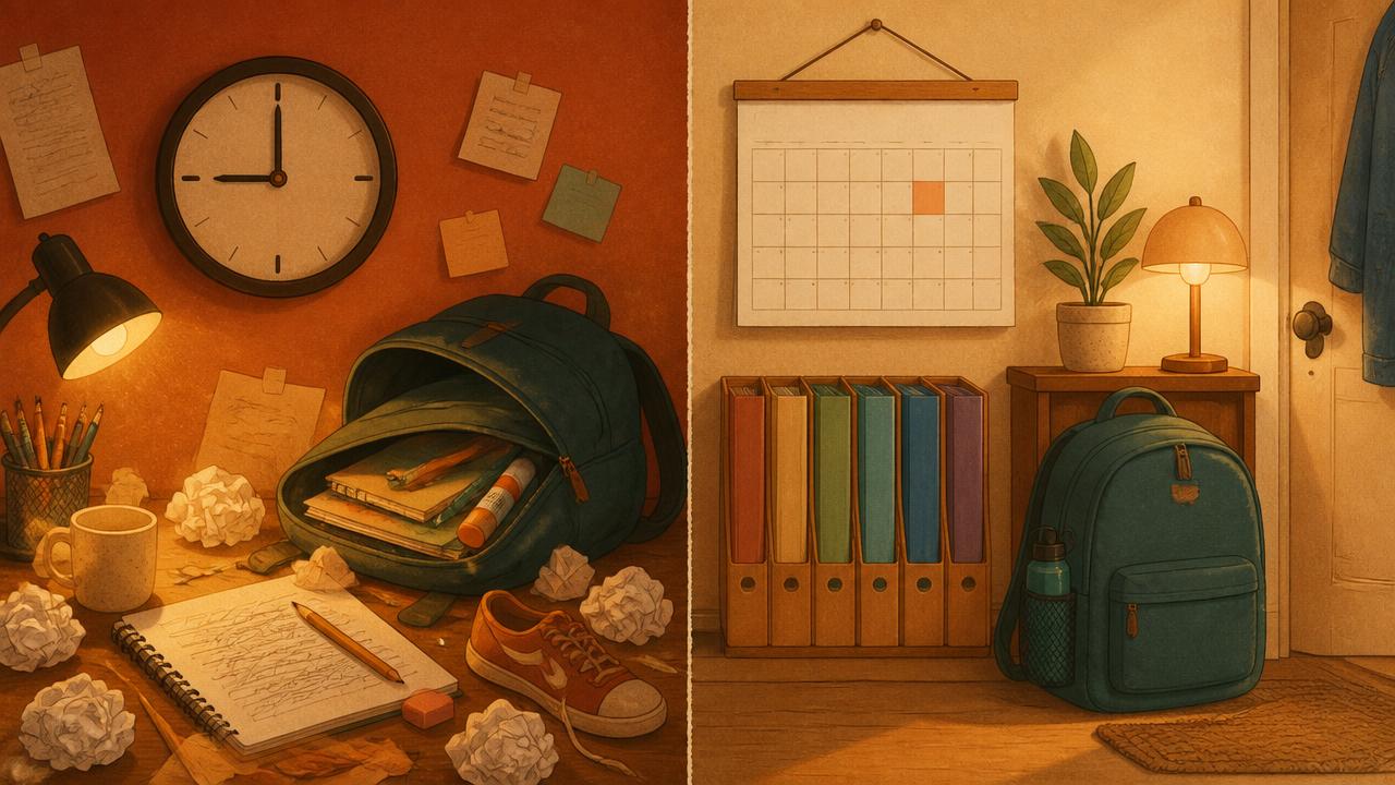 Two contrasting scenes with no people: on the left, a messy desk at 9pm Sunday night with a clock, scattered papers and a spilling backpack; on the right, a calm, organized setup weeks earlier with a marked calendar, tidy folders and a ready backpack